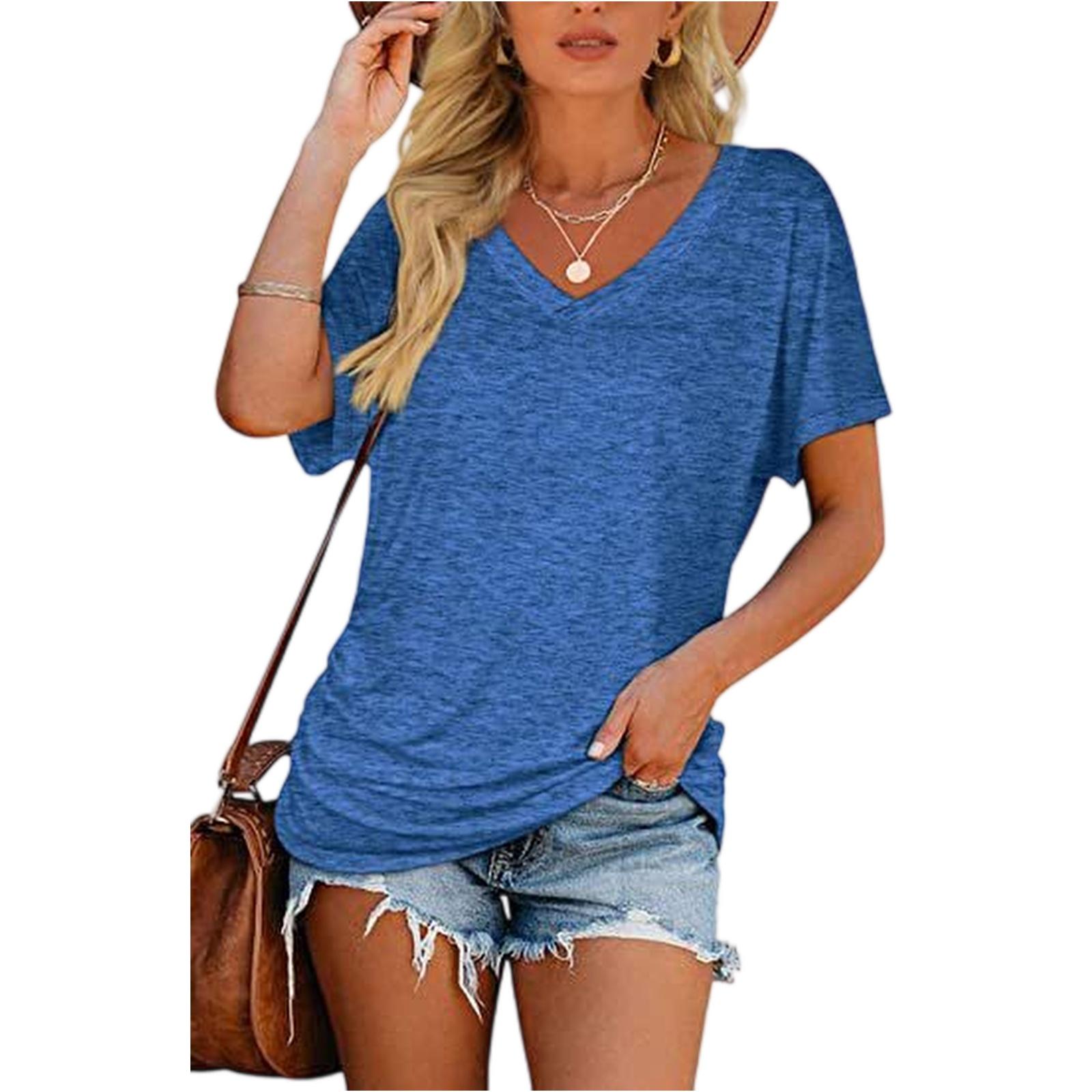 Womens Short Sleeve V Neck Tops With Side Shirring Blouse T-Shirt XXL синий