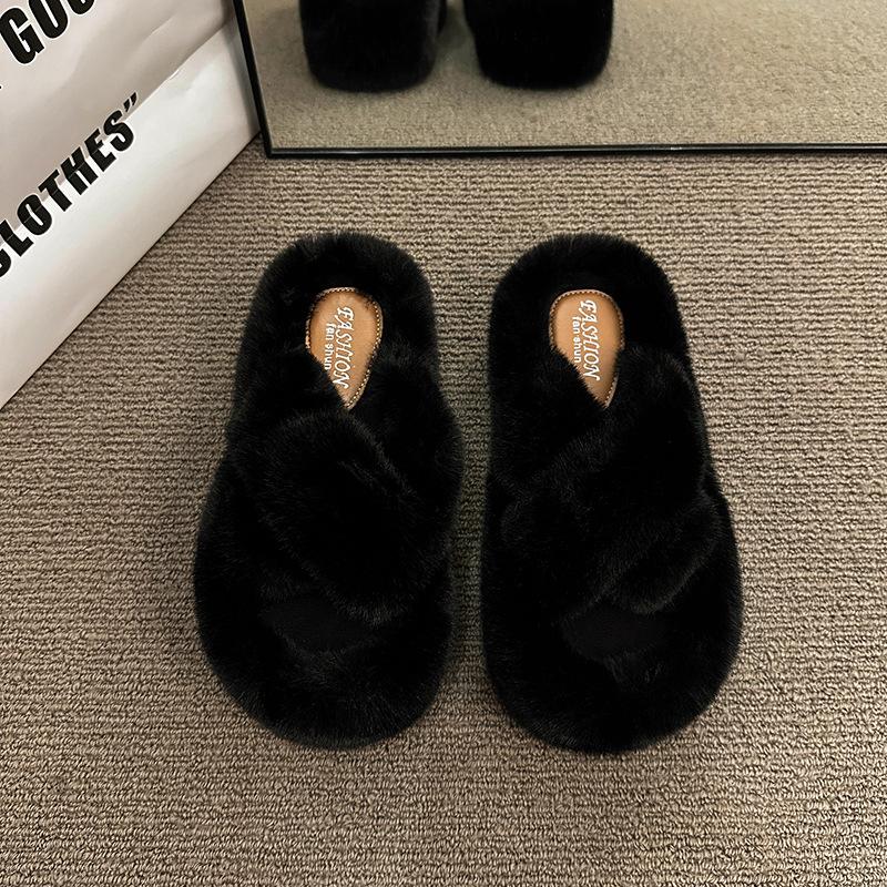 6Cm Thick-bottomed Crossed Fluffy Slippers Women's 2025 Autumn and Winter New Korean Version Fashionable Versatile Warm Plush Cotton Mop