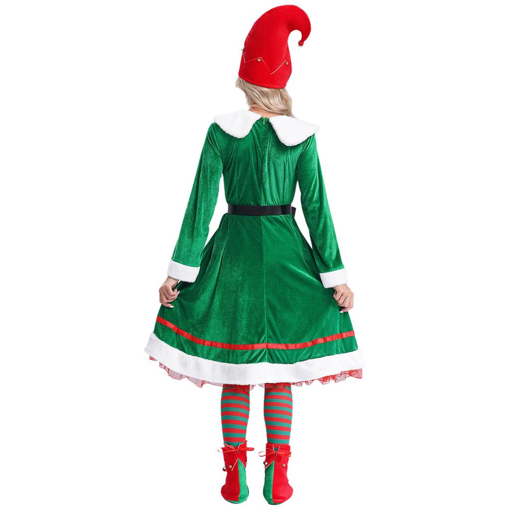 Womens Christmas Elf Costume Tinkle Bell Flannel Dress Belt Hat Striped Stockings Shoes Cosplay Set