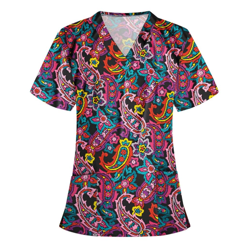 Medical Uniform V-Neck T-Shirts Working Hospital Halloween Short Sleeves Surgical Print Nurse Medical Scrub Print Tops Women Blo