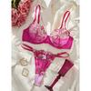 French Niche Mesh Embroidered Underwear, Sexy Lace Bra, Rose Red Ultra-thin European and American Underwear Set