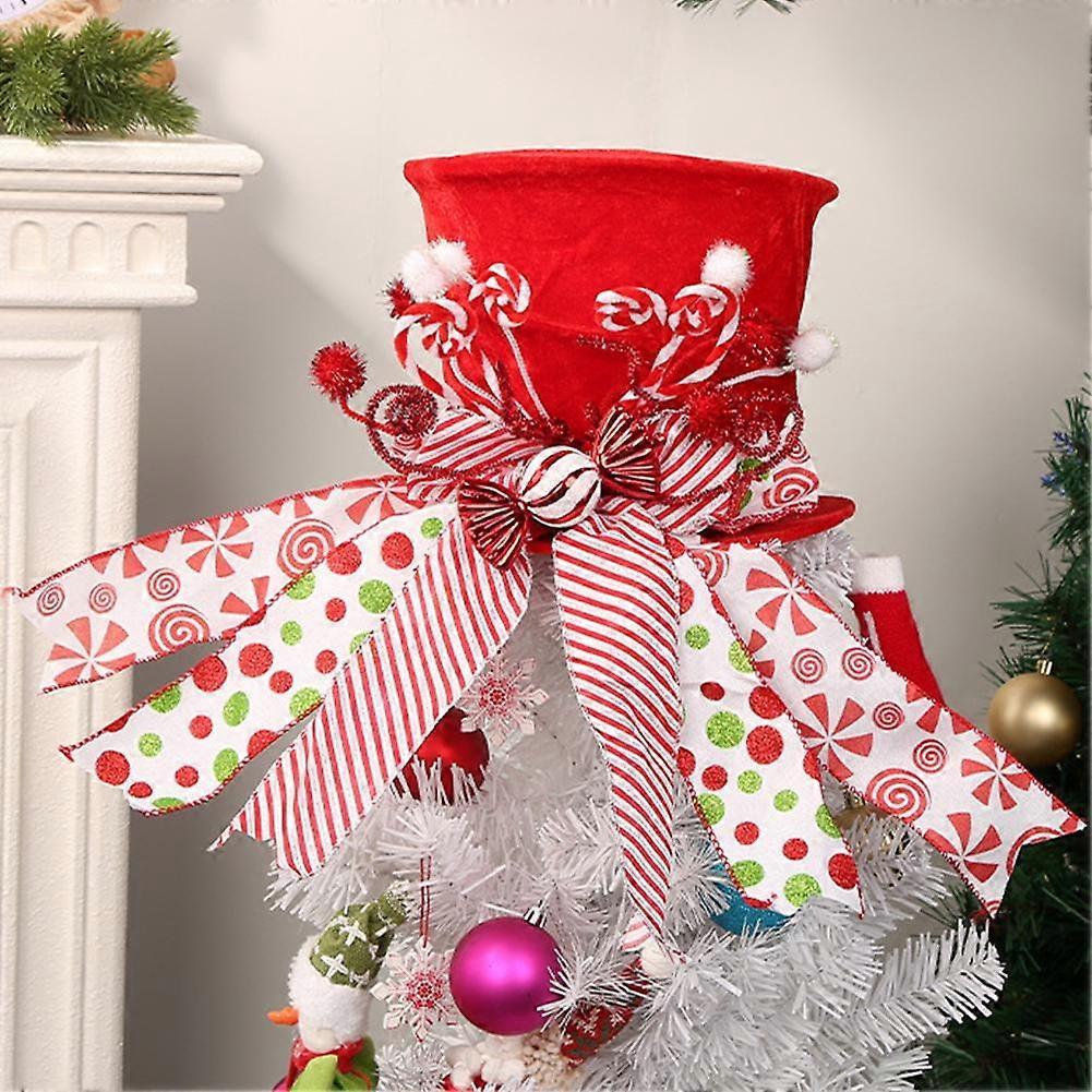 Festival Tree Topper - Xmastree Top Hat With Candy Cane And Striped Bow Ribbon