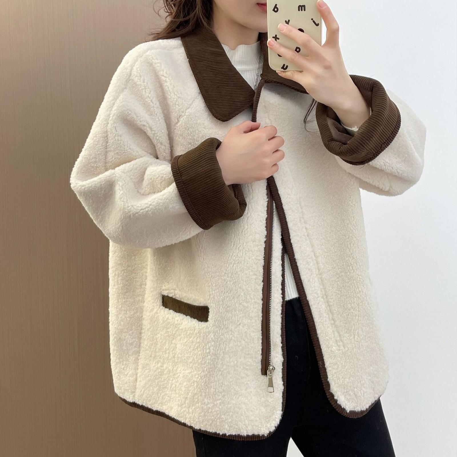 

Женская и зимняя куртка из овечьей шерсти с контрастными лацканами, модный свободный повседневный короткий цельный топ L бежевый