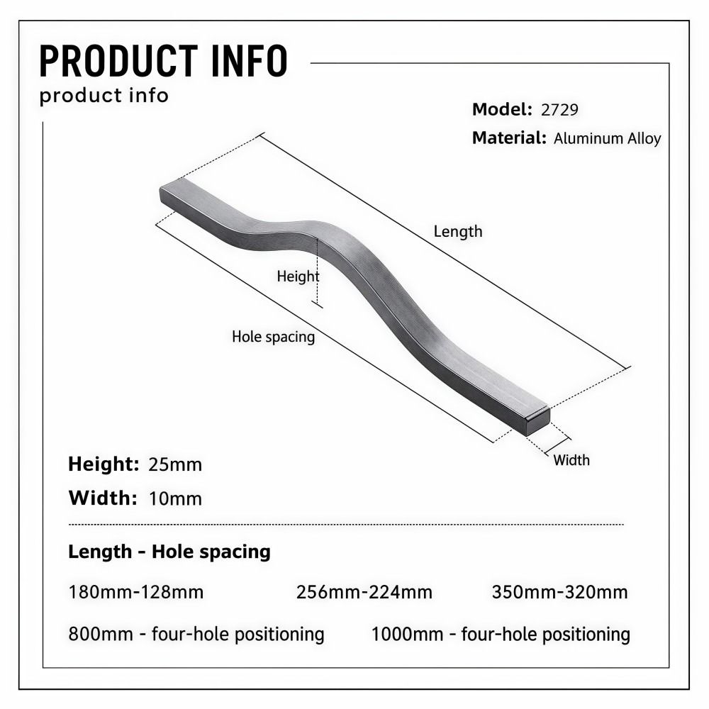 Aluminum Alloy Cabinet Pull Handle Multiple Sizes Brushed Wardrobe Door Pull Long-bar Sleek Curved Furniture Handle