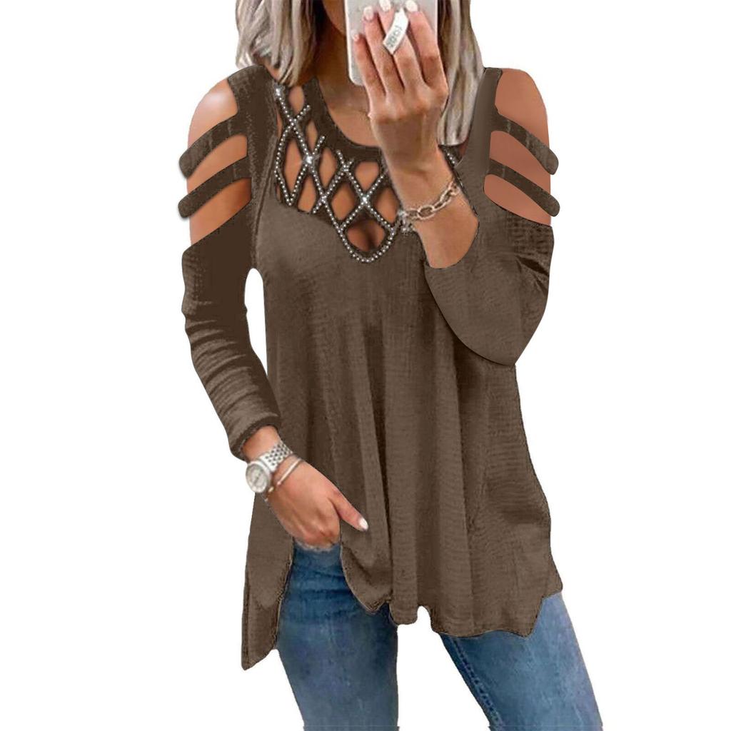 Women's Winter Fashion Sexy V-Neck Solid Color Off-the-shoulder Hollow Casual T-Shirt Top