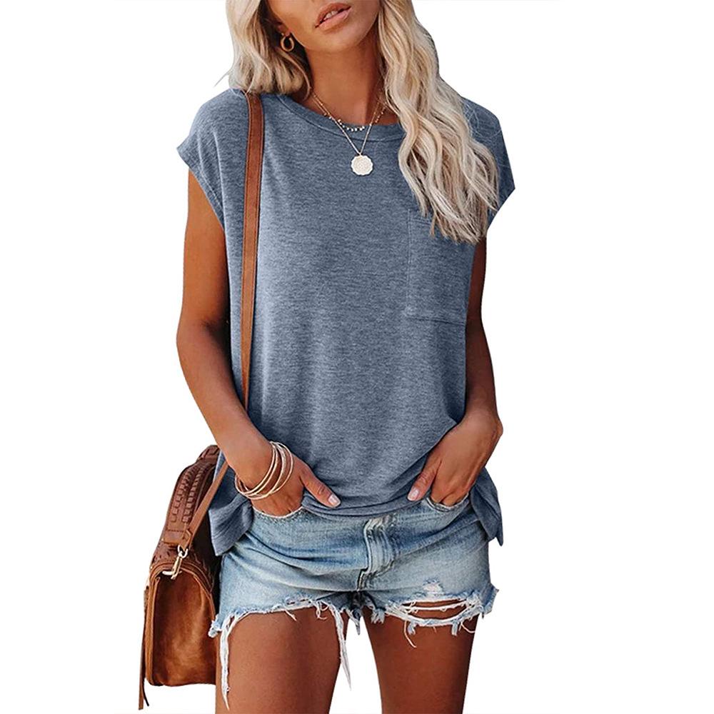 European & American Women's Solid Color Round Neck Pocket Shoulder-Split Short Sleeve T-Shirt