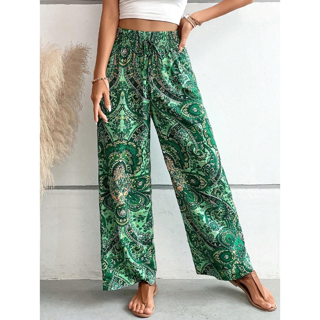 

IHUASU Women s Summer Fashion All-match Printed Elastic Waist Wide Leg Pants XL темно-зеленого