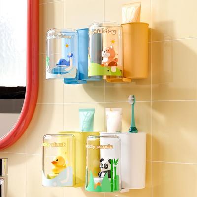Plastic Wall Mounted Toothbrush Holder Large Capacity Punch-Free Toothpaste Storage Holder Space Saving Mouthwash Cup Hanger