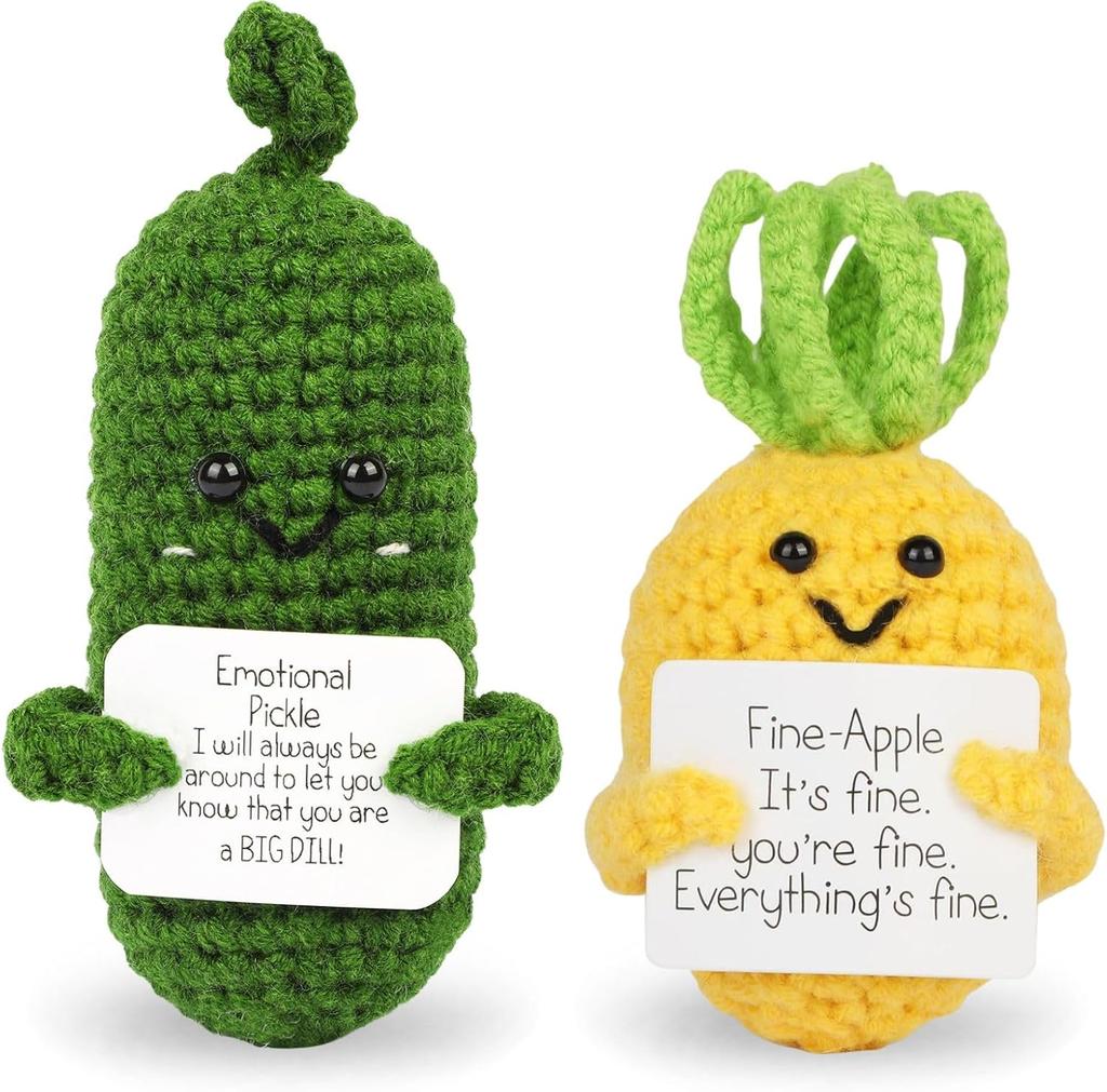 Handmade Emotional Support Pickle Crochet Funny Sour Cucumber Knitted Pickle with Positive Card Cheer up Gift Crochet Home Decor