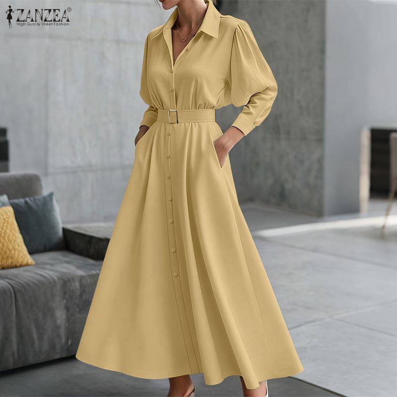 ZANZEA Γυναικείο Casual Φόρεμα Μακρύ Μανίκι με Χαλαρή Γραμμή και Γιακά που Γυρίζει προς τα Κάτω