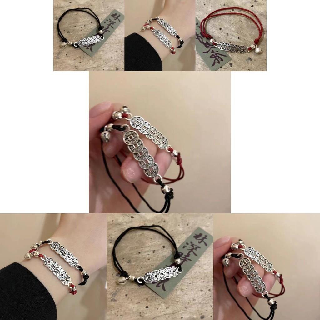 Chic Red Rope Bracelet With Five Emperor Coins Alloy Unisex Gift Winter 2023