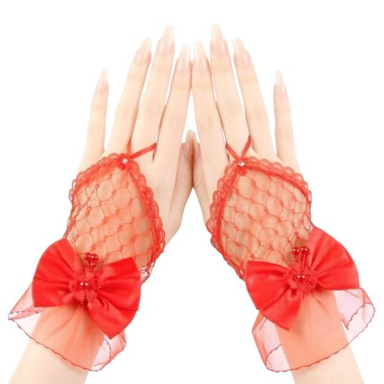 Women Lace Gloves Fingerless Mesh Gloves with Bow Embellishment for Wedding Princess Style Stage Performance Ballet Party Cosplay Bridal Accessories