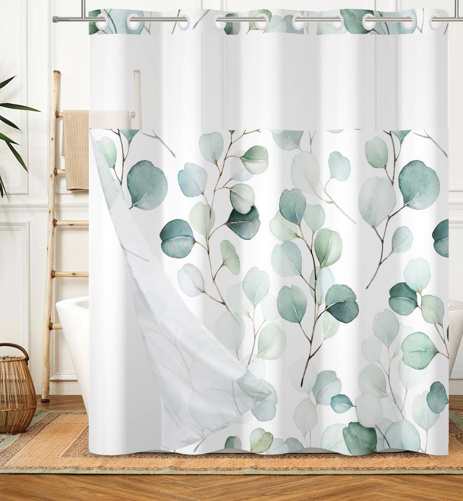 Hookless Double Layer Shower Curtain Waterproof Removable Lined Leaves Plants Flower Modern Bathroom Decorative Shower Curtains