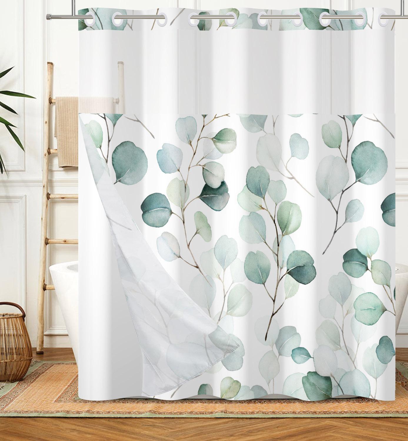 

Hookless Double Layer Shower Curtain Waterproof Removable Lined Leaves Plants Flower Modern Bathroom Decorative Shower Curtains W60H190(CM)-1 Pcs
