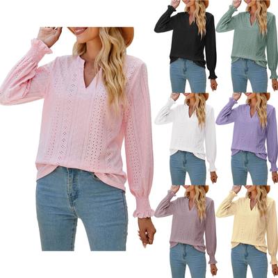 Women's Fashion Solid Color Cut-out And Pleated Leaf Sleeve V Neck Loose Sleeve Top