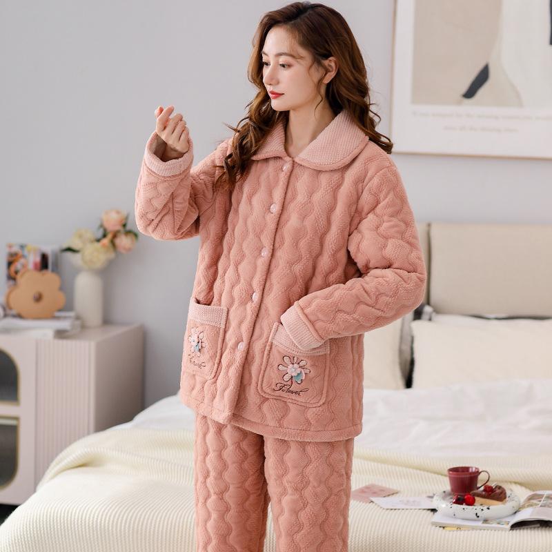 Padded Pajamas Women'S Winter Three-Layer Thickened Velvet Coral Velvet Autumn And Winter Padded Jacket Can Be Worn Outside Loungewear Set