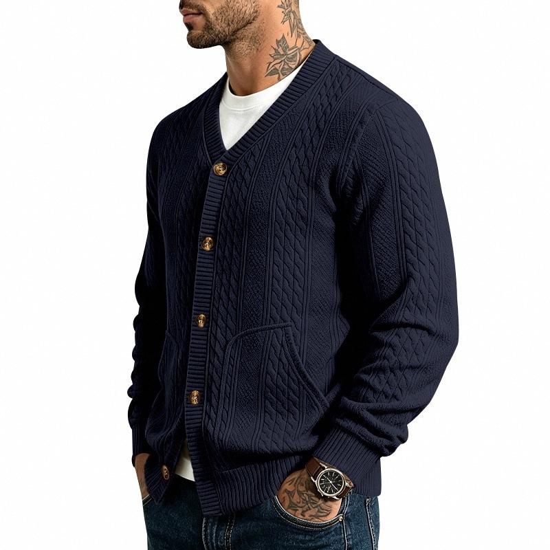 V Neck Long Sleeve Buttoned Jacquard Solid Color Casual Vintage Cardigan Sweatshirt