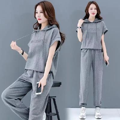 Ensemble de Vêtements de Sport Décontractés Tendance pour Femmes Été Coupe Ample Design à Capuche Manches Courtes Pantalon Long Costume Deux Pièces