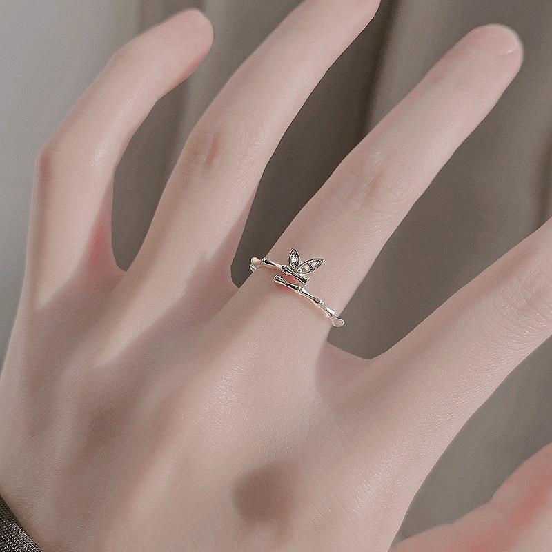 999 Pure Silver Bamboo Leaf Connecting Ring Female Ins Special-Interest Design Ring Personality Simple Cold Style Opening Hand Jewelry