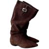 Sheepskin version~ Pile boots belt buckle skinny boots pointed low heel retro western cowboy boots female knight boots