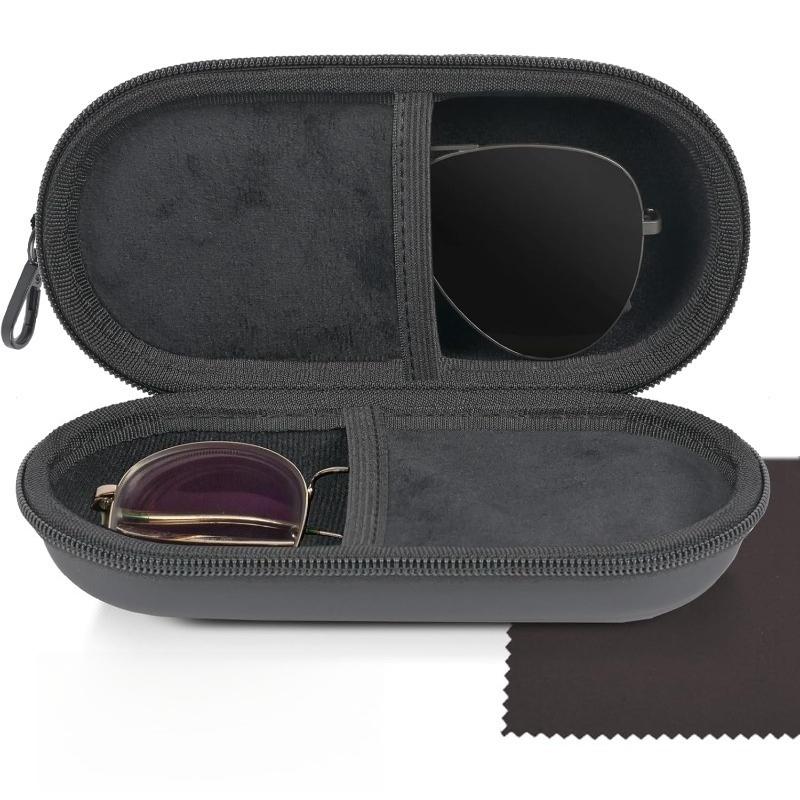 

1pc Double Mirror Box, With Zipper Closure & Clip,Portable Eyewear Storage Box for 2 Glasses,Sunglasses Holder, Colored Contacts чёрный
