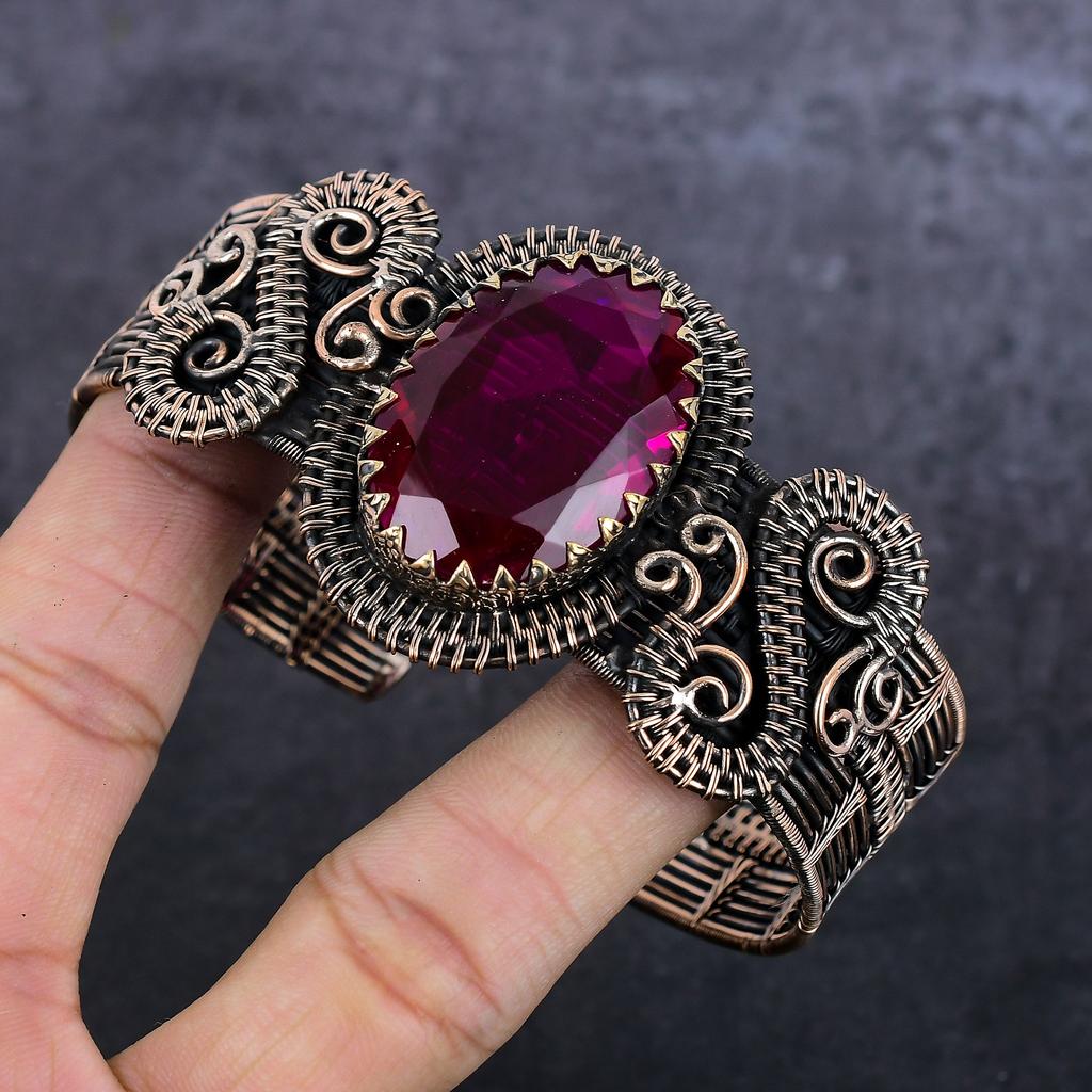 Rosa Rubellit Handgefertigter Kupferdraht Wickel Armreif Verstellbar R7J26