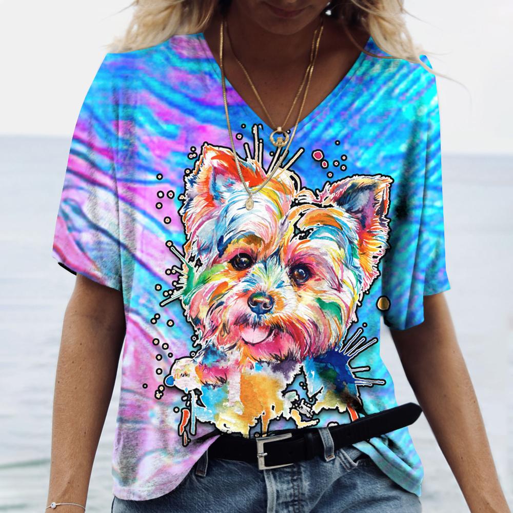 Summer New Women‘s T-shirt Animal Harajuku 3d Print Fashion V-neck Short Sleeve Quality Oversized T-shirt Females Tops Tees