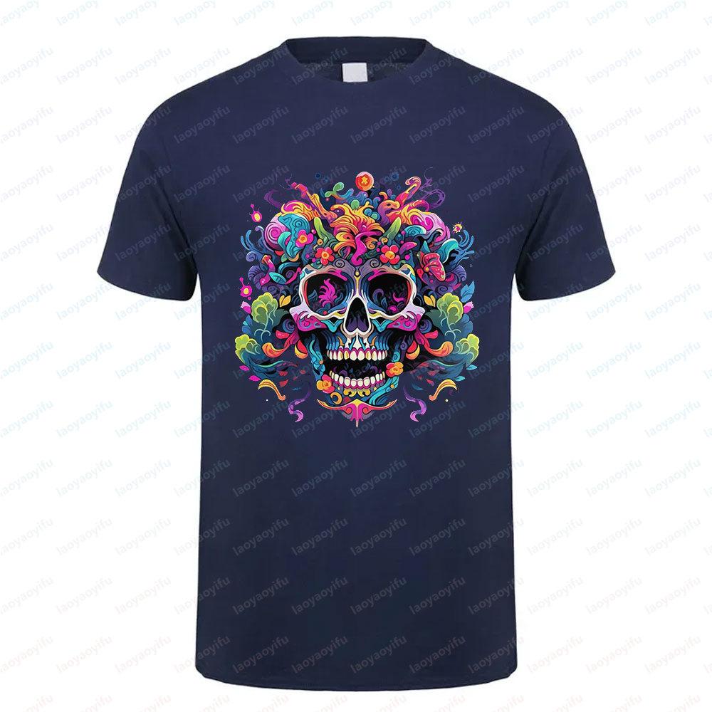 Mexican Skull Pattern Cotton Summer Tee Unisex Short Sleeve Round Neck Retro Style Graphic Shortsleeved Launched Casual Tshirt