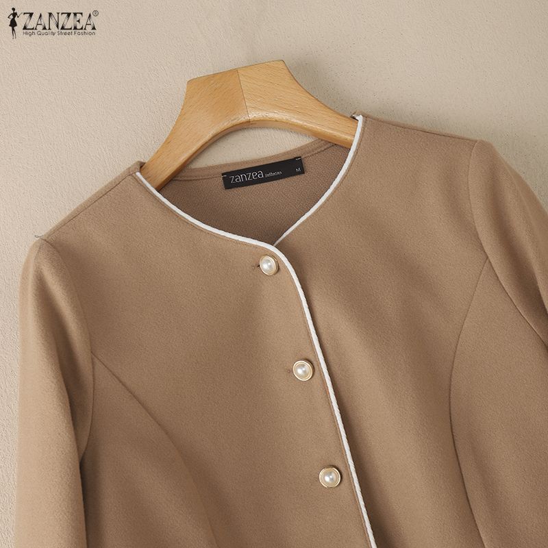 ZANZEA Women Elegant Color Block Round Neck Long Sleeve Thin Cardigan Woolen Jackets