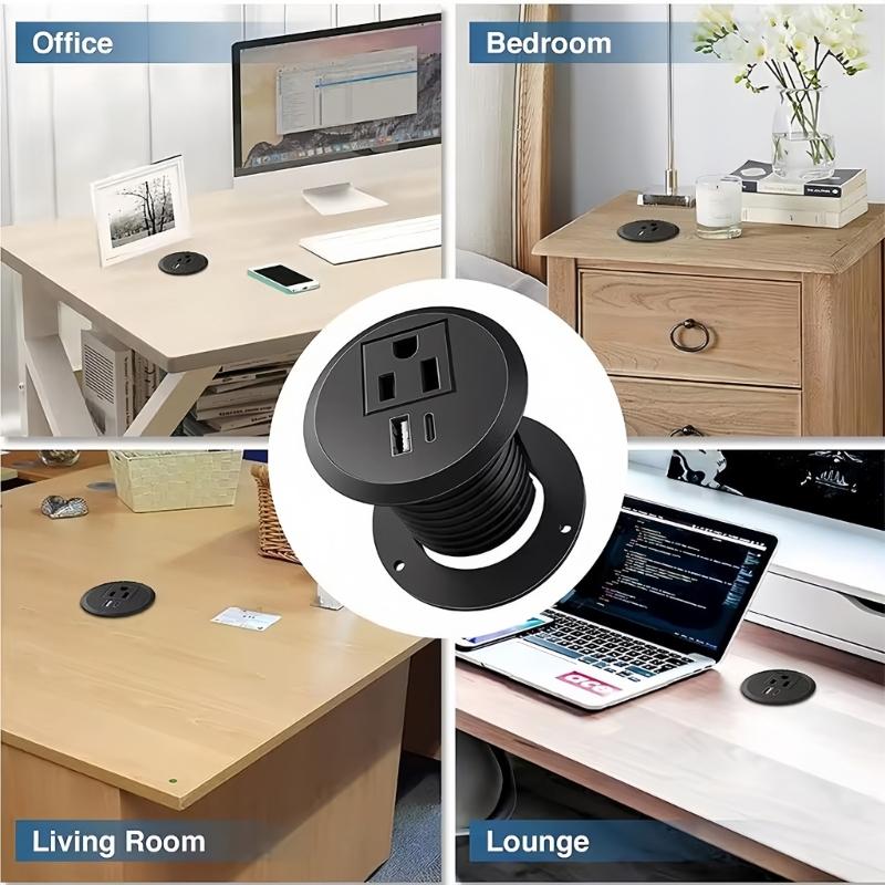 Hiddens Embedded Round Socket Power Outlet 18W USB A and Type C Charging Port 50mm Cutout Safe for Home Office Use
