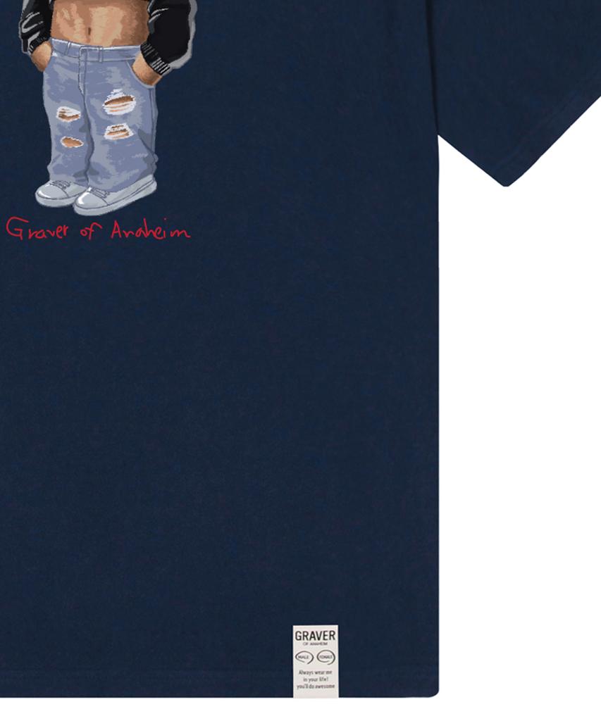 GRAVER [Unisex] Crop Dog Striber Short Sleeve T-Shirt_Navy