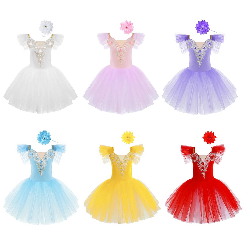 Girls Mesh Dance Dress Flutter Sleeve Spaghetti Straps Lace Floral Tutu Skirt Performance Outfit with Headdress