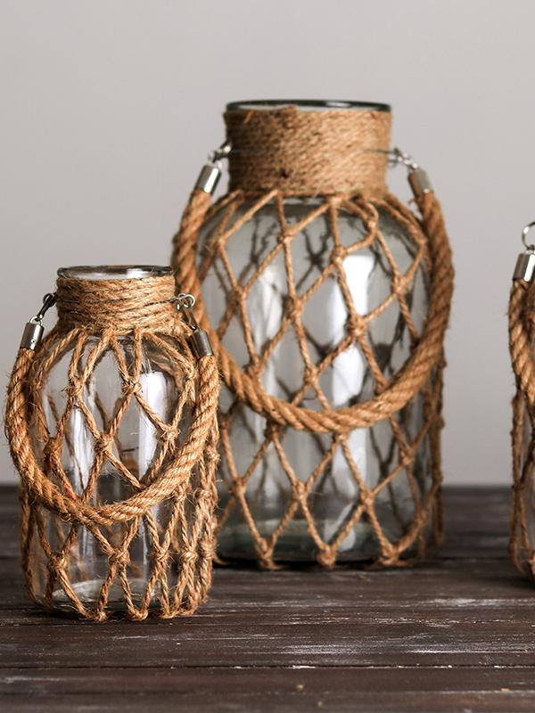 Retro Dried Flower Arrangement Glass Vase with Hemp Rope – Transparent Desktop Ornament for Home Decor