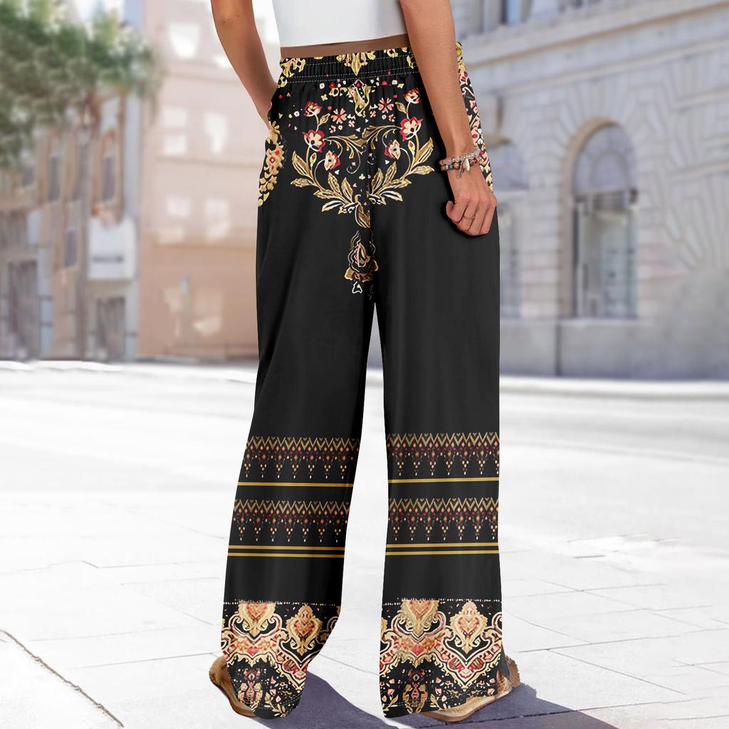 Women Summer Boho Palazzo Pants High Waist Wide Leg Floral Printing Casual Trousers With Pockets
