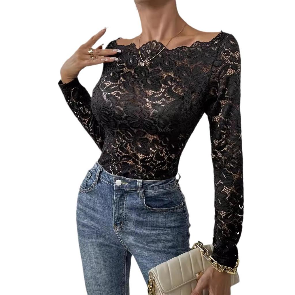 Scallop Neck Edge One-Line Collar Strapless Single-Layered Lace Slim T-Shirt Long Sleeve Tops Versatile Closet Essential Fashion Items Shirt