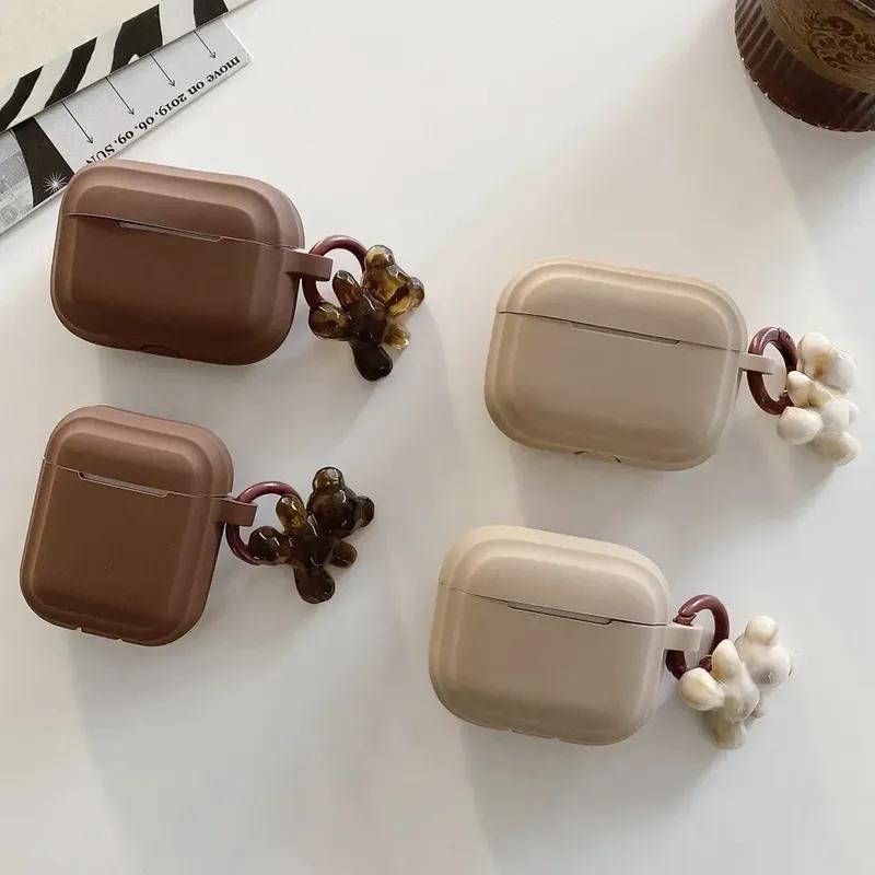 Fashion Chocolate Khaki Case For Apple Airpods Pro Case Soft Silicone Earphone Cover For Airpods 4 3 2 1 Case With Bear Keychain