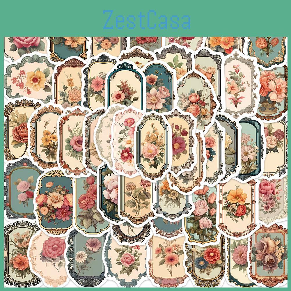 Retro Floral Mirror Stickers 50pcs Waterproof Diy Decorations For Guitar Notebook And Luggage Adhesive And Stylish