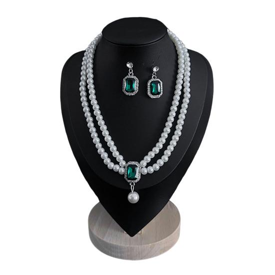 2Pcs/Set Imitation Pearl Jewelry Set Retro French Style Blue Waterdrop Faux Gem Charm Necklace Earrings Set