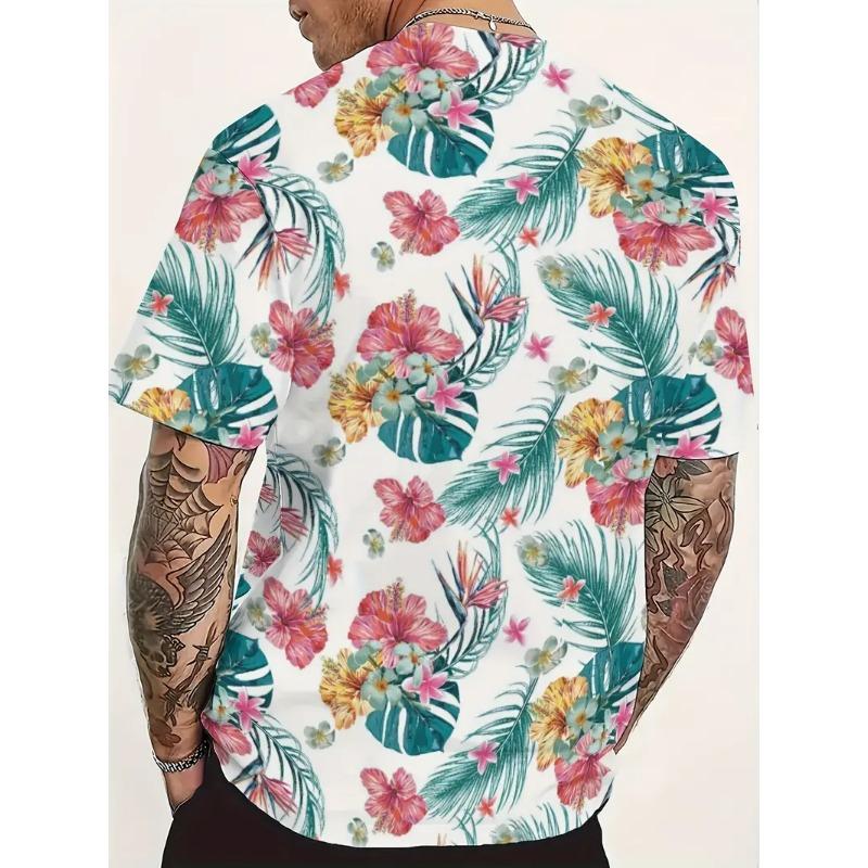 Men's Hawaiian Tropical Flower Print T-shirt Sports Short Sleeved Crew Neck T-shirt for Summer Outdoor Fitness Workout Men's Clothing