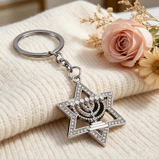 Keychain Pendant Sparkling Rhinestones Hexagram Shape Zinc Alloy Key Holder with Chain Buckle Design Backpack Accessory