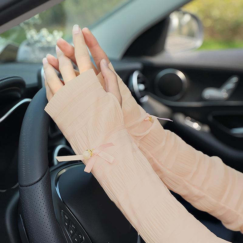 Outdoor Sun Protection Women Bow Long Ice Seeves Sun Protection Sleeves Thin Gloves Summer Pearl Sleeves Sunscreen Accessories