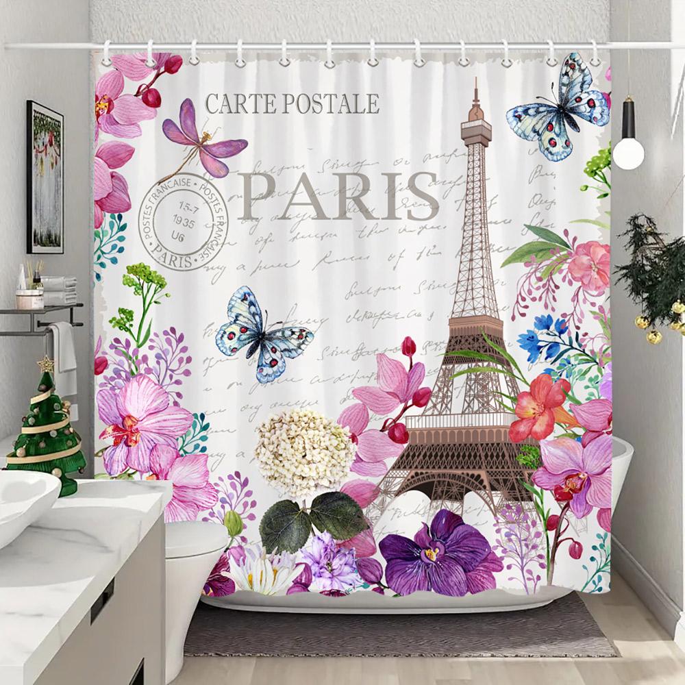 

Beautiful Butterfly Paris Tower Shower Curtain Botanical Floral Colourful Printed Washable Shower Curtain Bathroom Decoration W60H190(CM)-1 Pcs