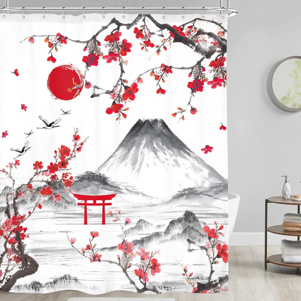 Japanese Shower Curtain Fuji Mountain Cherry Blossom Asian Anime Theme Burgundy Sun Koi Watercolor Floral Spring Cool Fabric