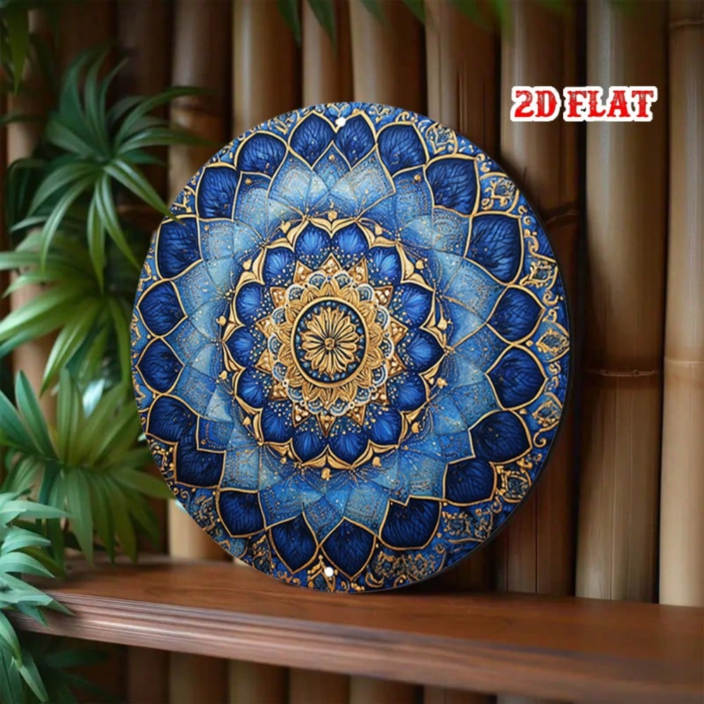 Marke Mandala Metall Wandkunst Rund Blau Gold Floral Blechschild Heimdeko