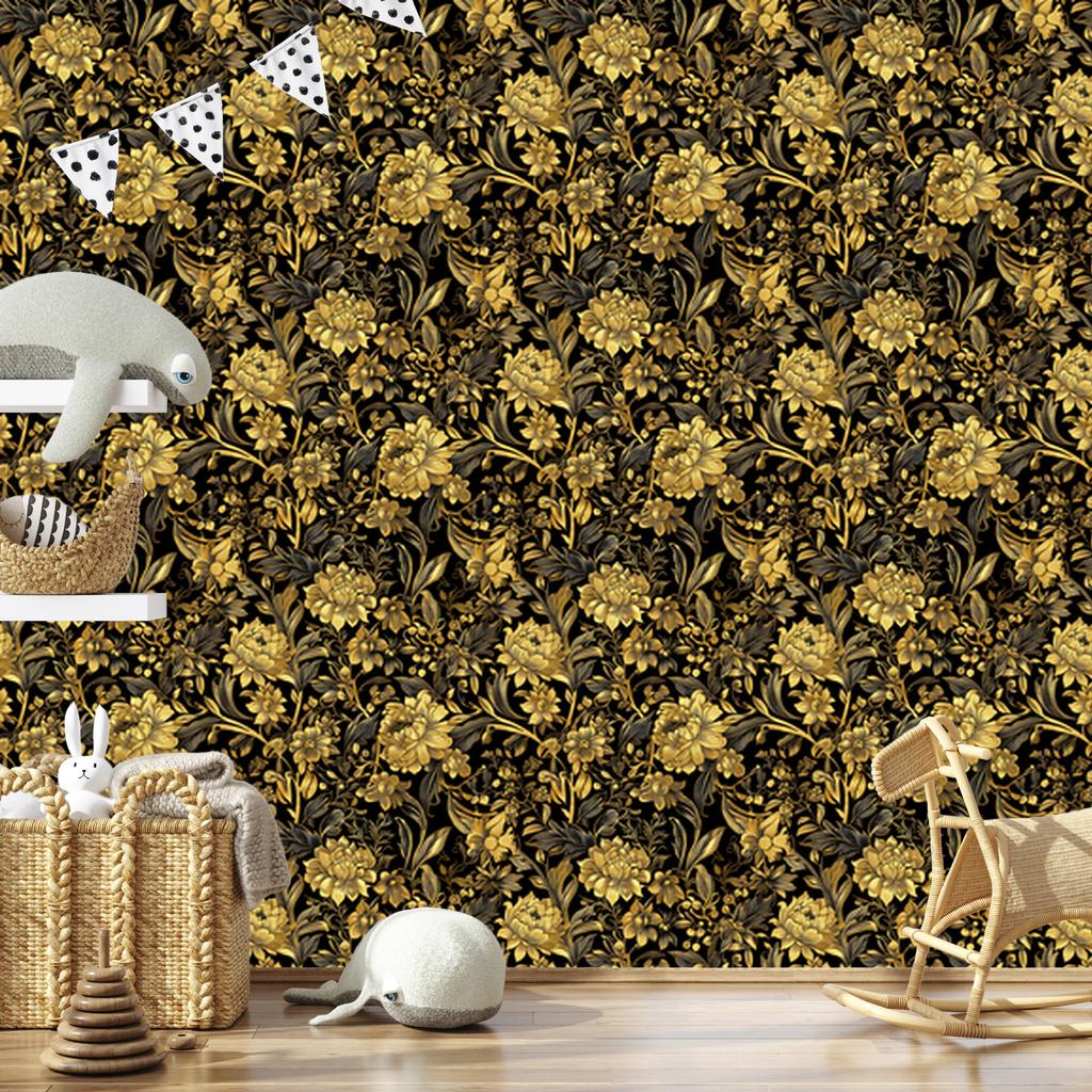 Golden Hibiscus Wallpaper, Ochre and Gold, Soft Forms, 50x1000