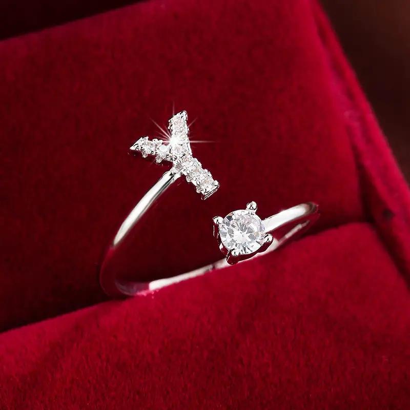 26 English Letter Micro-set Zircon Fashion Women's Ring, Copper-plated 14K Open Plain Ring