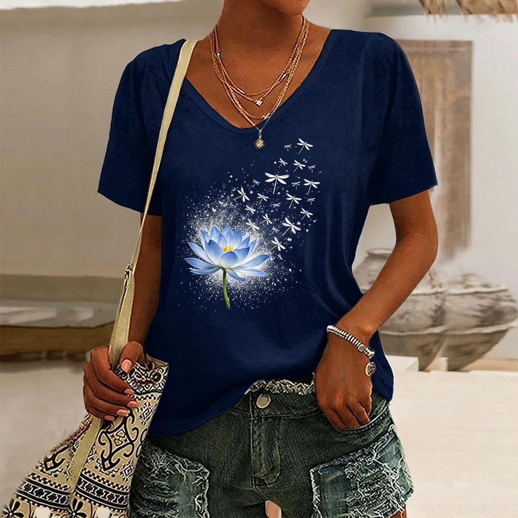 Women's Sunflower Print V-Neck T-Shirt, Casual Short Sleeve Tops,Bright Floral Daily Wear for Spring & Summer