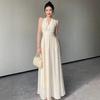 French White Sleeveless Neck V-neck Dress for Women's Summer New Beautiful Waist and Thin Big Swing Dress