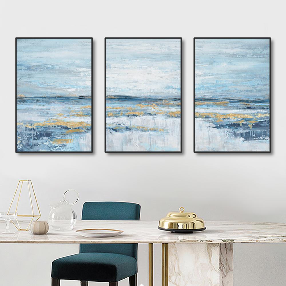 3 Panels Nordic Abstract Ocean Canvas Painting Coastal Theme Artwork Blue Gold Sunset & Sunrise Wall Art Posters for Living Room