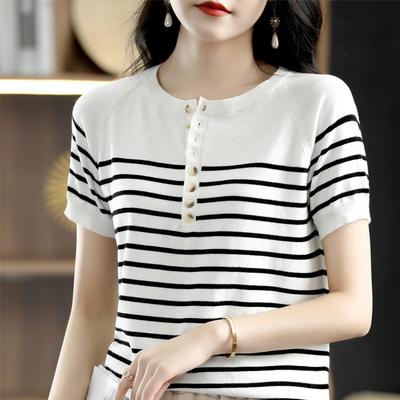 Striped Round Neck Eight-button Knitted Short-sleeved Women's Summer Breathable Sweat-absorbing T-shirt Loose and Simple Versatile Top